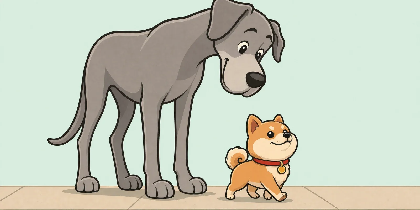 Micro strutting past Mega, a towering gentle Great Dane